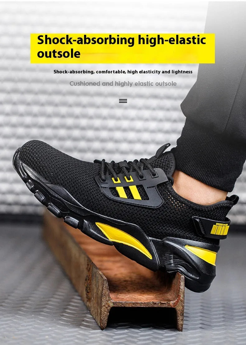 Men's Flyknit work shoes with steel toe caps in black, grey, and yellow colour options