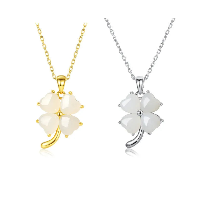 Women's four-leaf clover necklace with Hetian jade pendant on an adjustable sterling silver chain.
