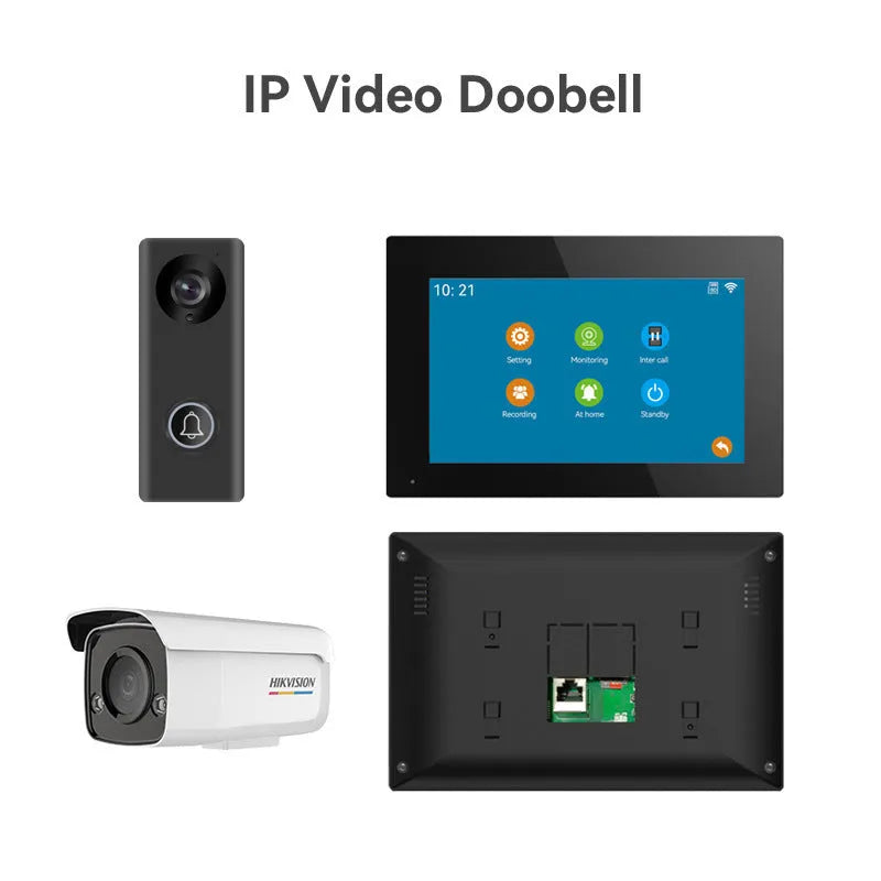 Video intercom doorbell system with outdoor unit and indoor display showing 1080P camera feed