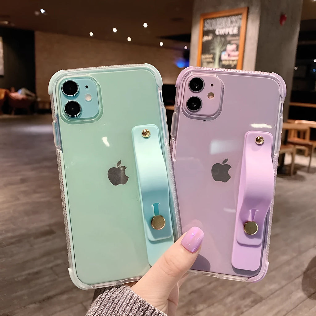 Clear two-tone silicone phone case with a built-in stand, shown in various colours.