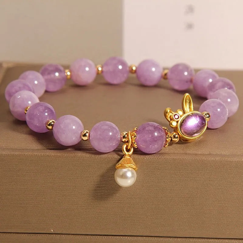 Natural mauve jade crystal rabbit bracelet with purplish red hare head pendant