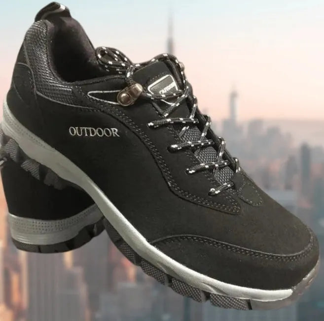 Men's large size outdoor hiking shoes in army green, grey, brown, and black colours with low-cut design