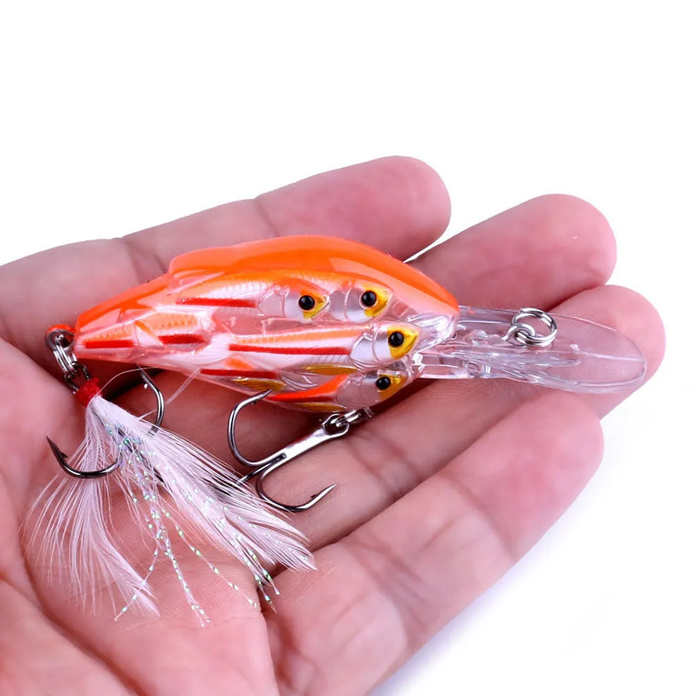 Sea fishing hard bait floating lure with feather tail in one of nine colour options, 7.5cm long.