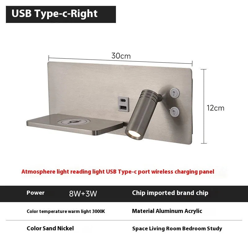 Modern minimalist Nordic style bedside wall lamp with USB wireless charging, iron shade, warm LED light