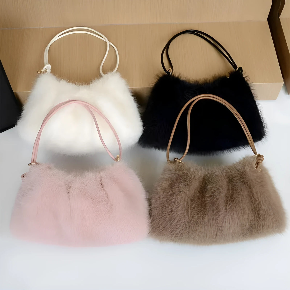Soft plush underarm bag for women in khaki with single shoulder strap and compact 35x17x9cm size