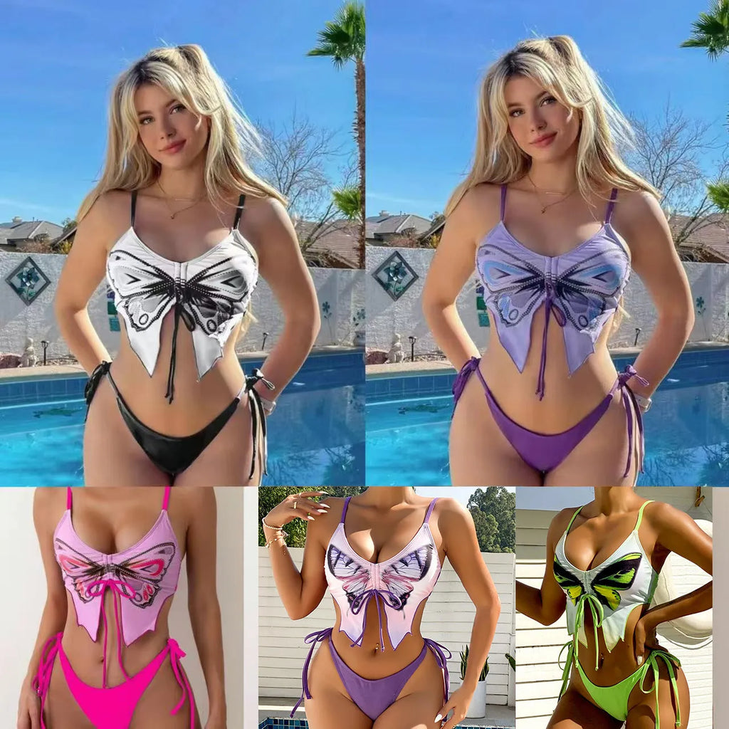 Women's purple bikini set with bow detail and high-leg side split design on briefs