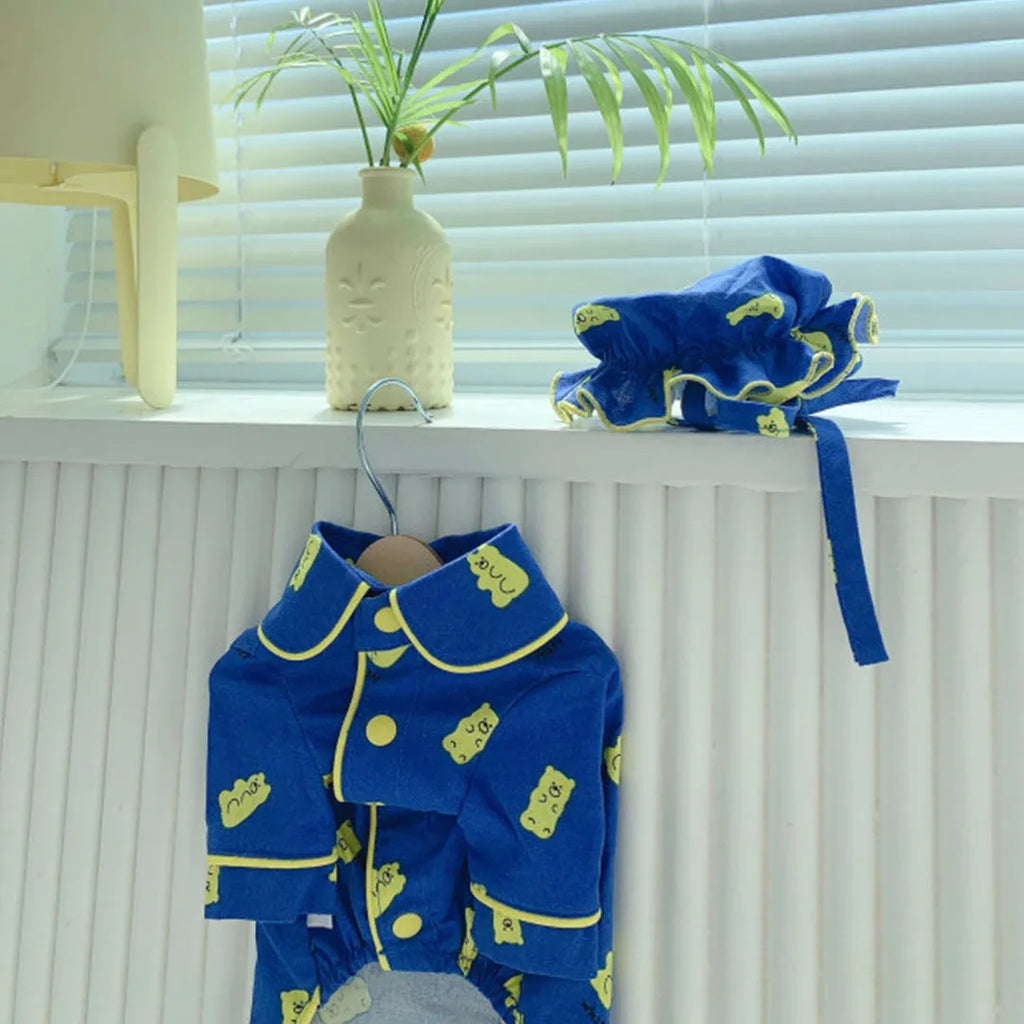 Pure cotton Candy Bear hat pajama set for dogs in vest style, available in sizes S to 2XL