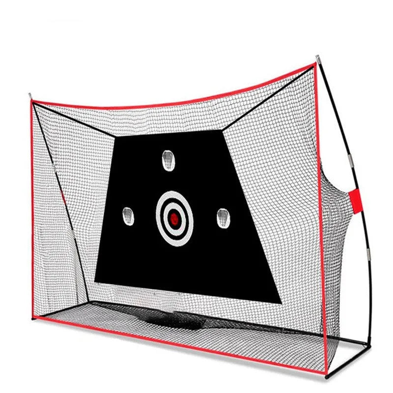 Golf wedge training net with three-hole target, foam practice mat, and red and white practice balls