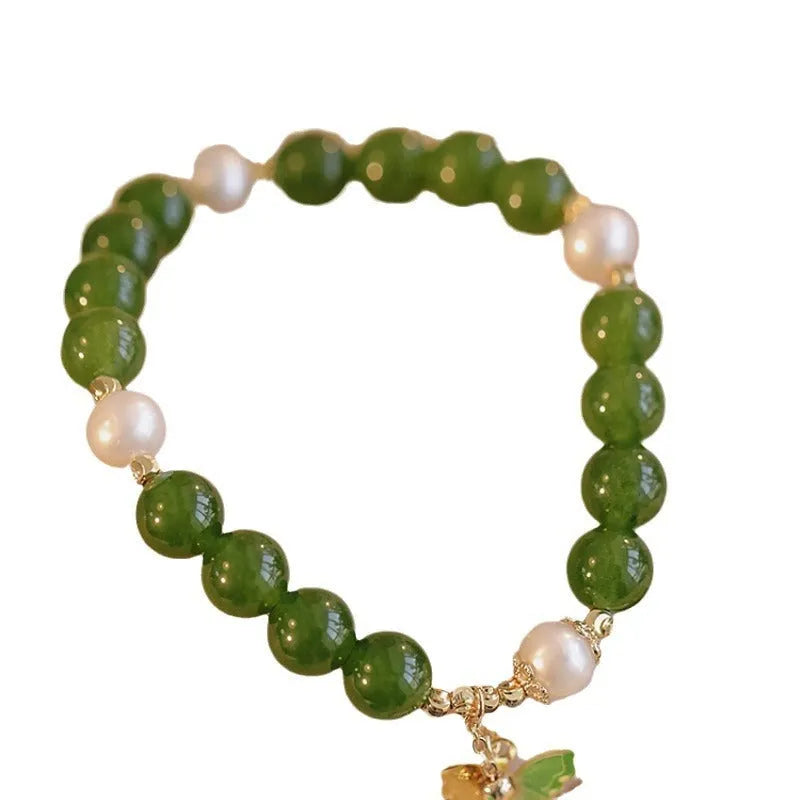 Natural green chalcedony women's bracelet with geometric shape and round design elements