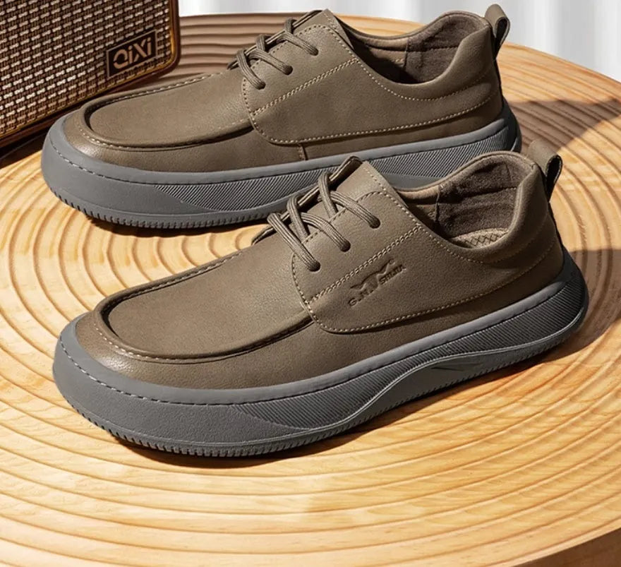 Brown retro casual leather shoes with big toe design and stitching, shown on a white background.