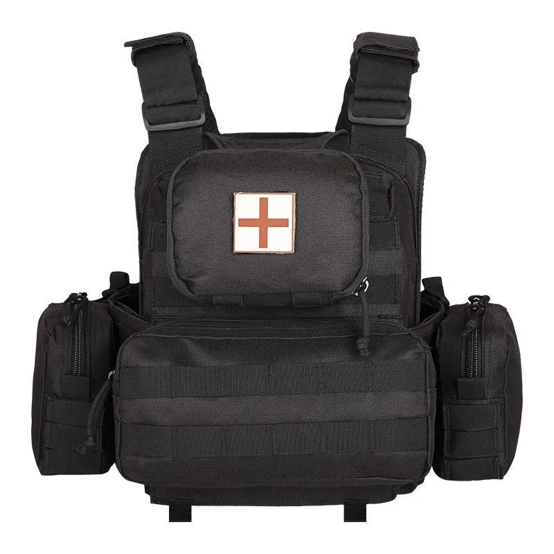 Men's camouflage polyester tactical vest shown in jungle camouflage pattern, designed for outdoor training.