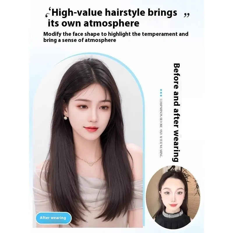 Brown-black full-head wig for women with Chinese character bangs made from high-temperature fibre.
