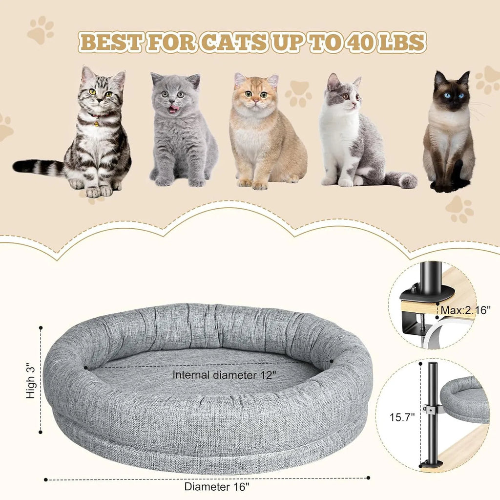 Round grey cloth cat nest with rotating base and adjustable height on a floor