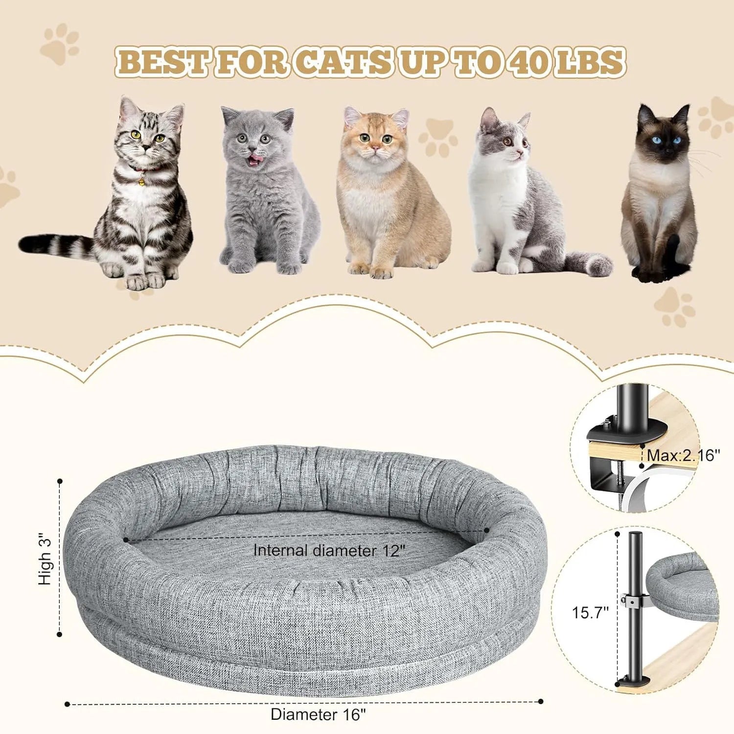 Round grey cloth cat nest with rotating base and adjustable height on a floor