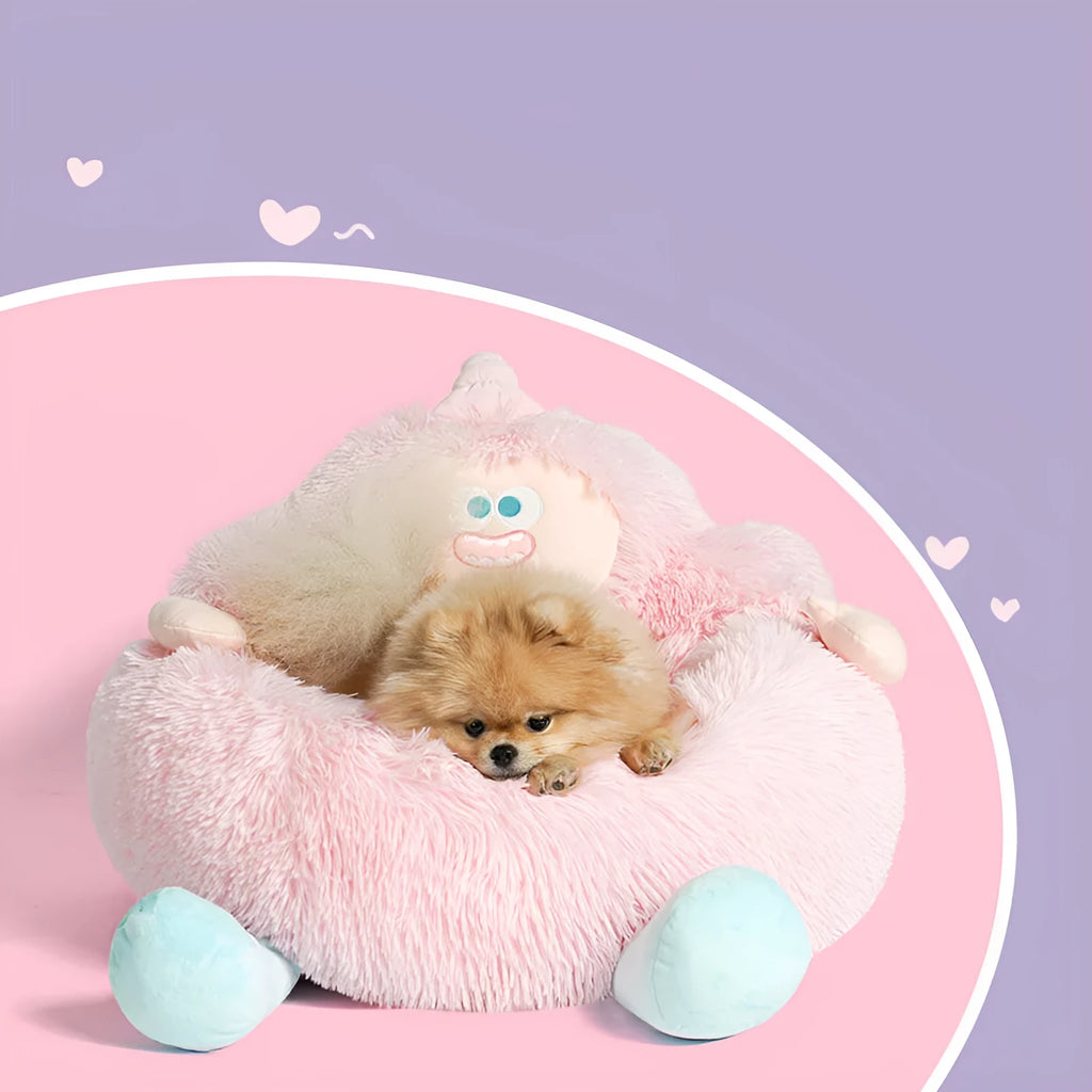 Grey long plush pet nest bed for a cat or dog, showing its round kennel shape and thick material.