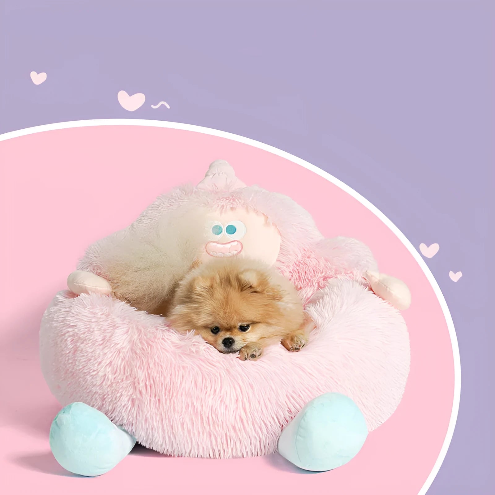 Grey long plush pet nest bed for a cat or dog, showing its round kennel shape and thick material.