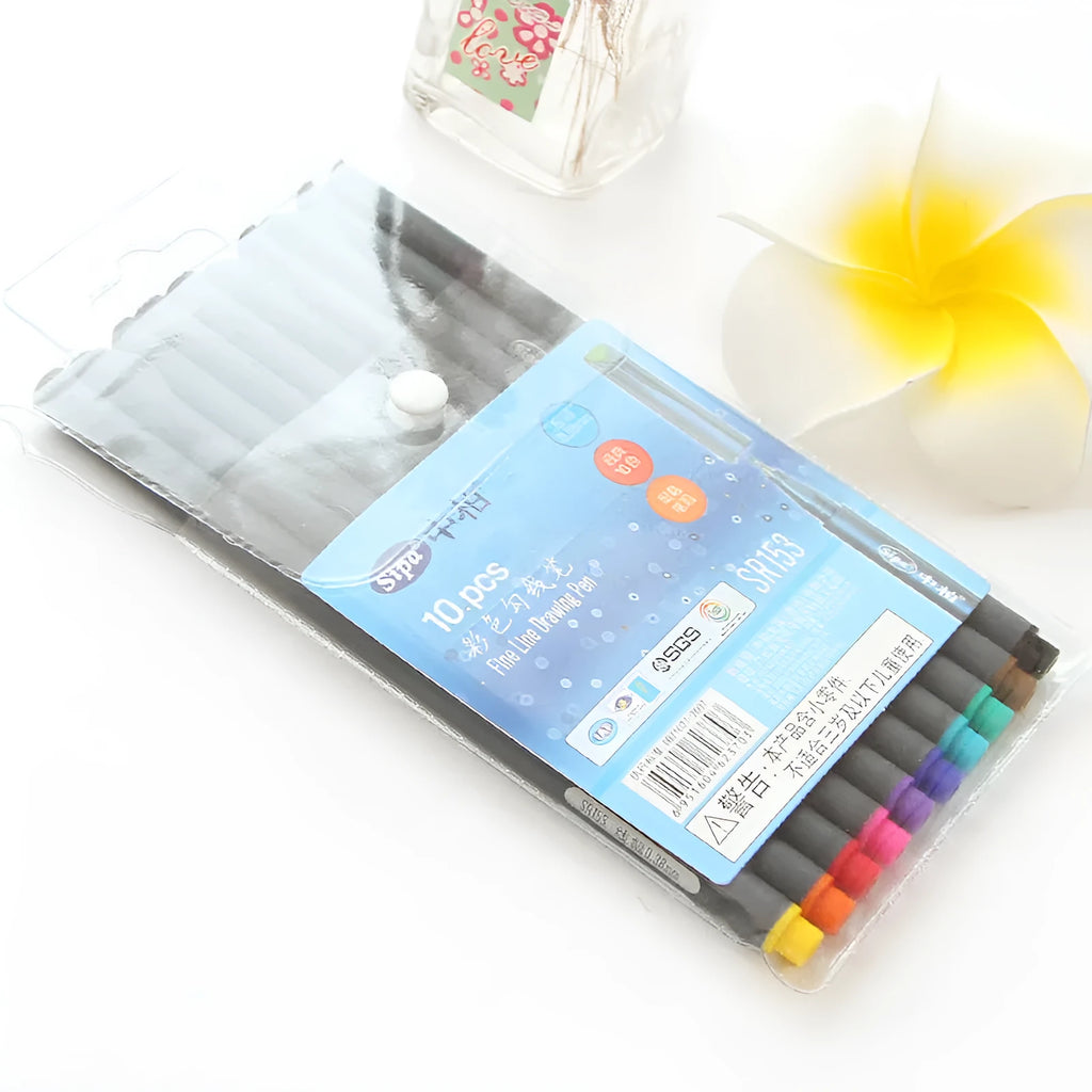 Ten 0.38mm hook line technical drawing pens for architecture and design, 15.8 cm long.