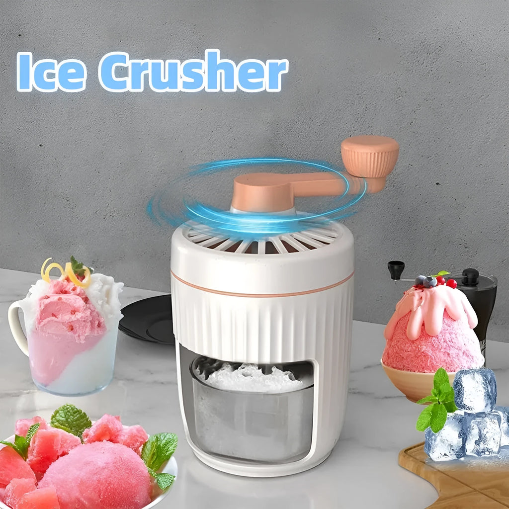 Hand-cranked ice shaving machine in green, compact portable design with removable ice box and stainless steel blade