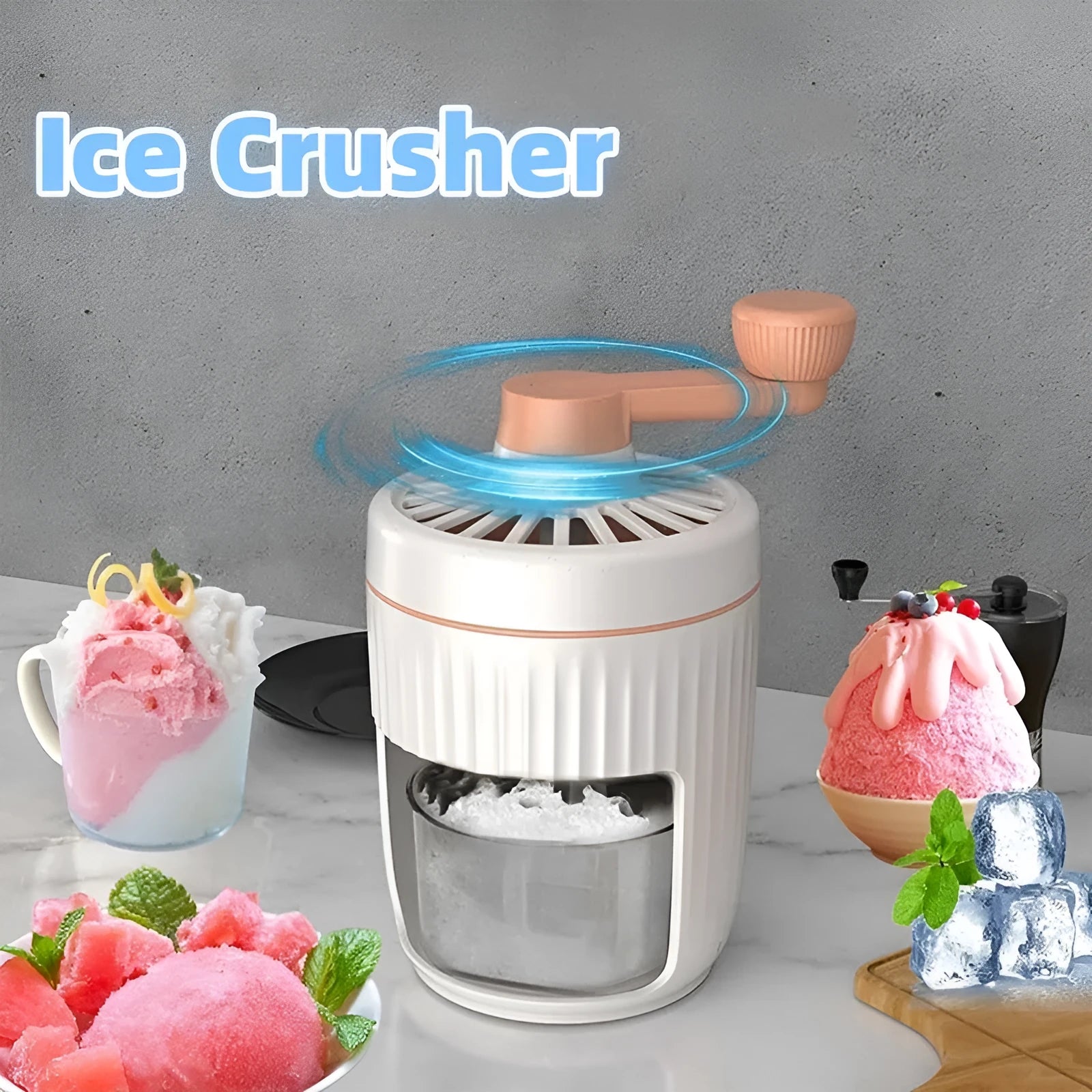 Hand-cranked ice shaving machine in green, compact portable design with removable ice box and stainless steel blade