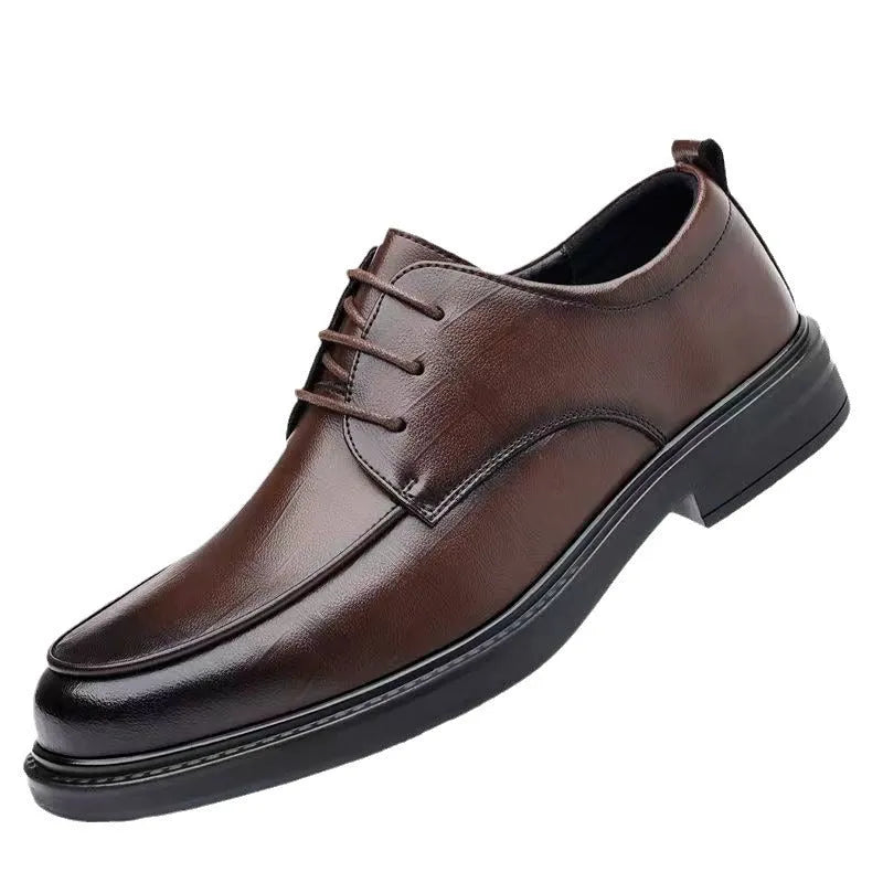 Men's leather shoes in black with non-slip rubber outsole and breathable PU upper, spring business casual style