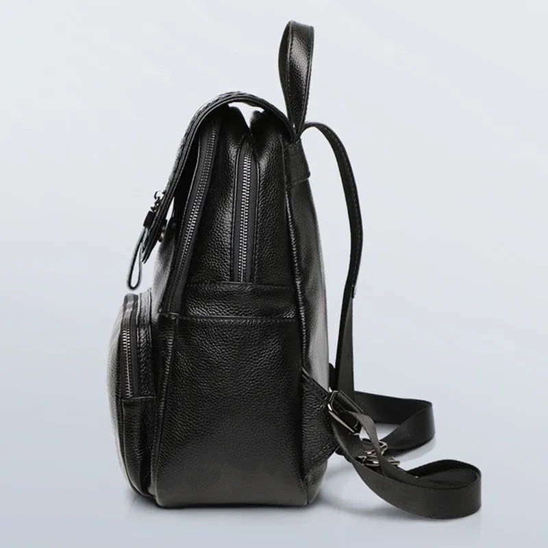 Women's genuine leather backpack in blue colour showing street trend style and internal organisation compartments