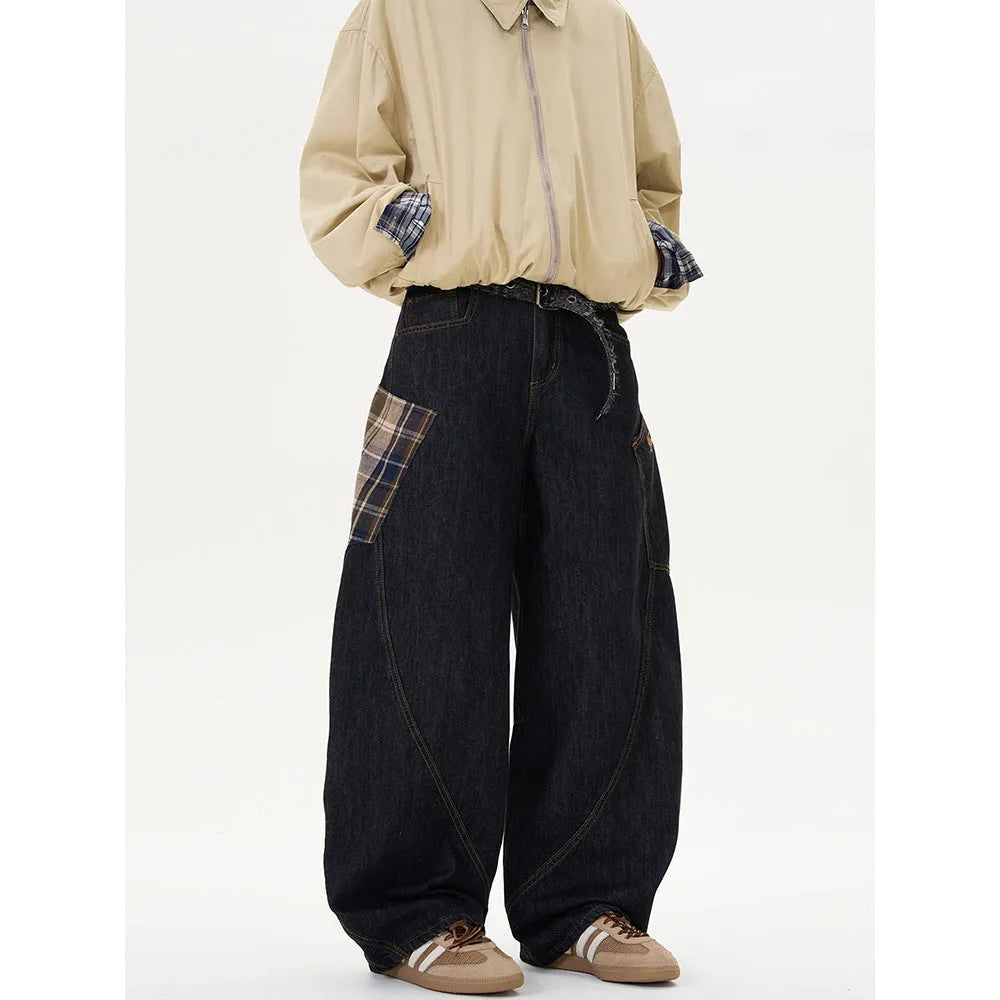 Loose fit straight-leg cotton trousers in a red plaid pattern, shown on a mid-waist.