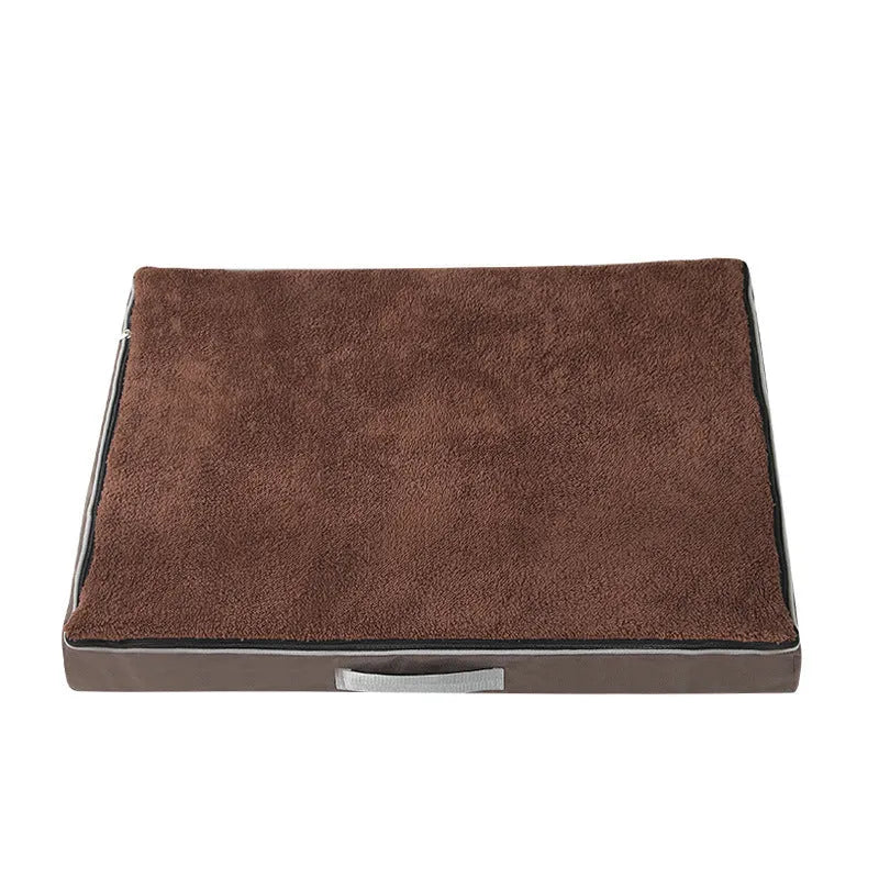 Removable washable memory sponge pet dog mat in brown, shown with size dimensions.