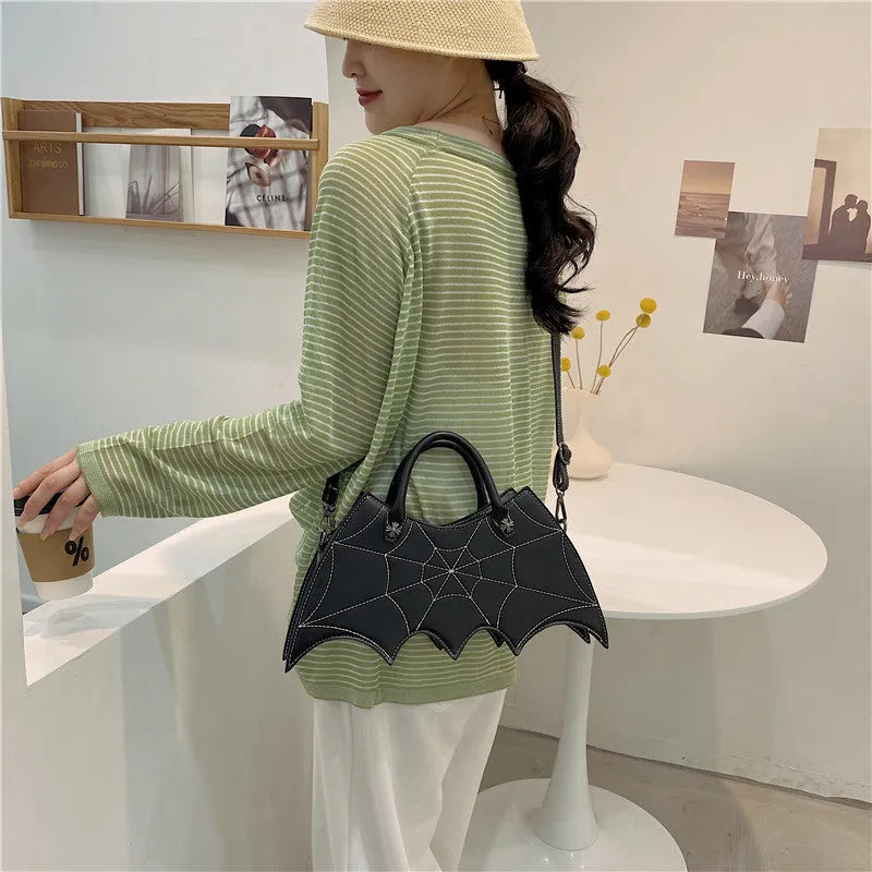 Black PU spider web shape messenger crossbody bag with embroidery and three shoulder straps