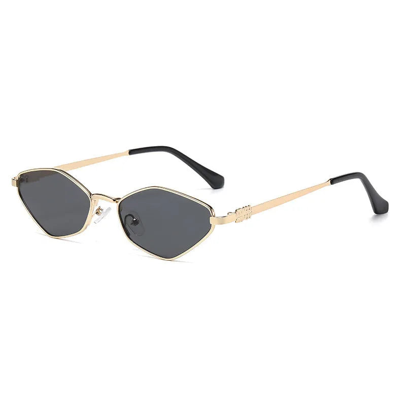 Gold metal small frame cat eye sunglasses shown with multiple lens colour options including grey, tea, and pink.