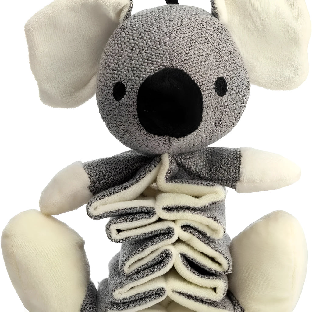 Gray koala-shaped dog toy measuring 30cm with plush limbs and squeaky crinkle paper interior.