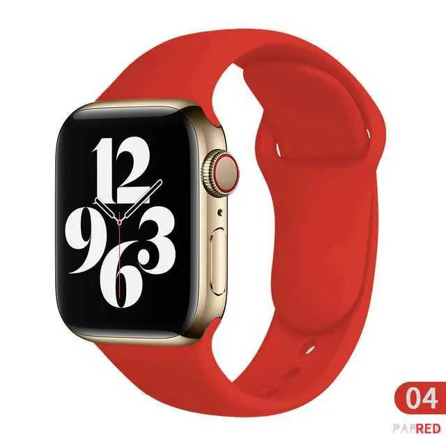 Silicone Apple watch replacement strap in black, shown fitted to a 44mm watch case.
