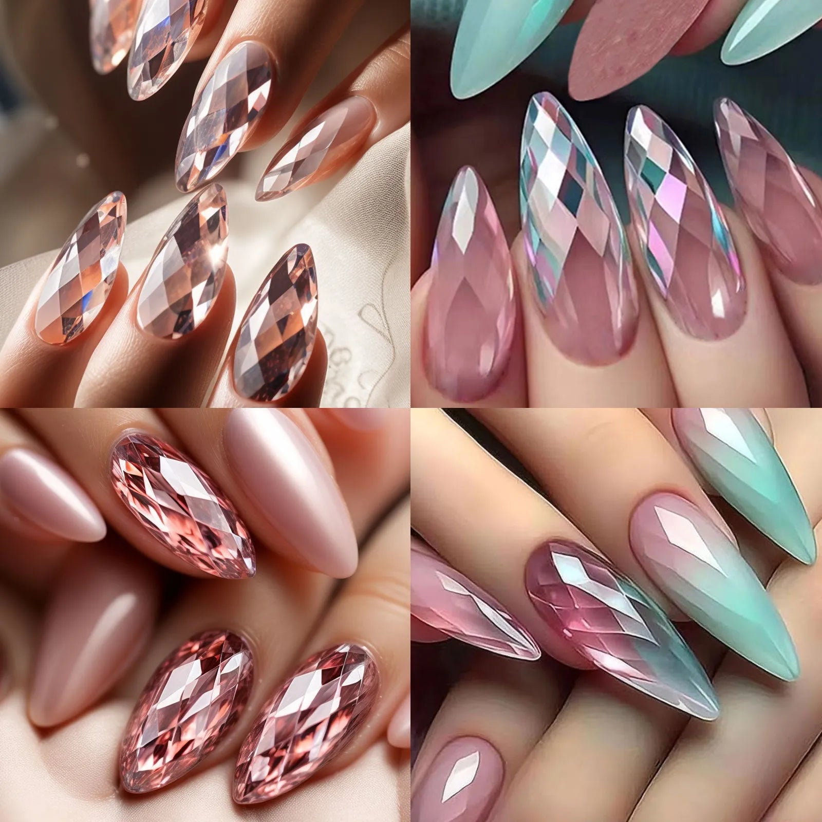 3D diamond pattern long nail tips in glitter colours for nail art enhancement
