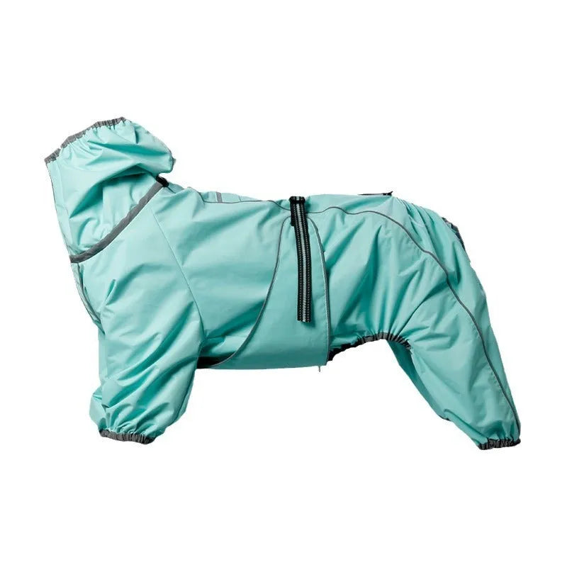 Red cotton-padded dog shell jacket on a medium-sized dog, showing sporty style and fastened front.