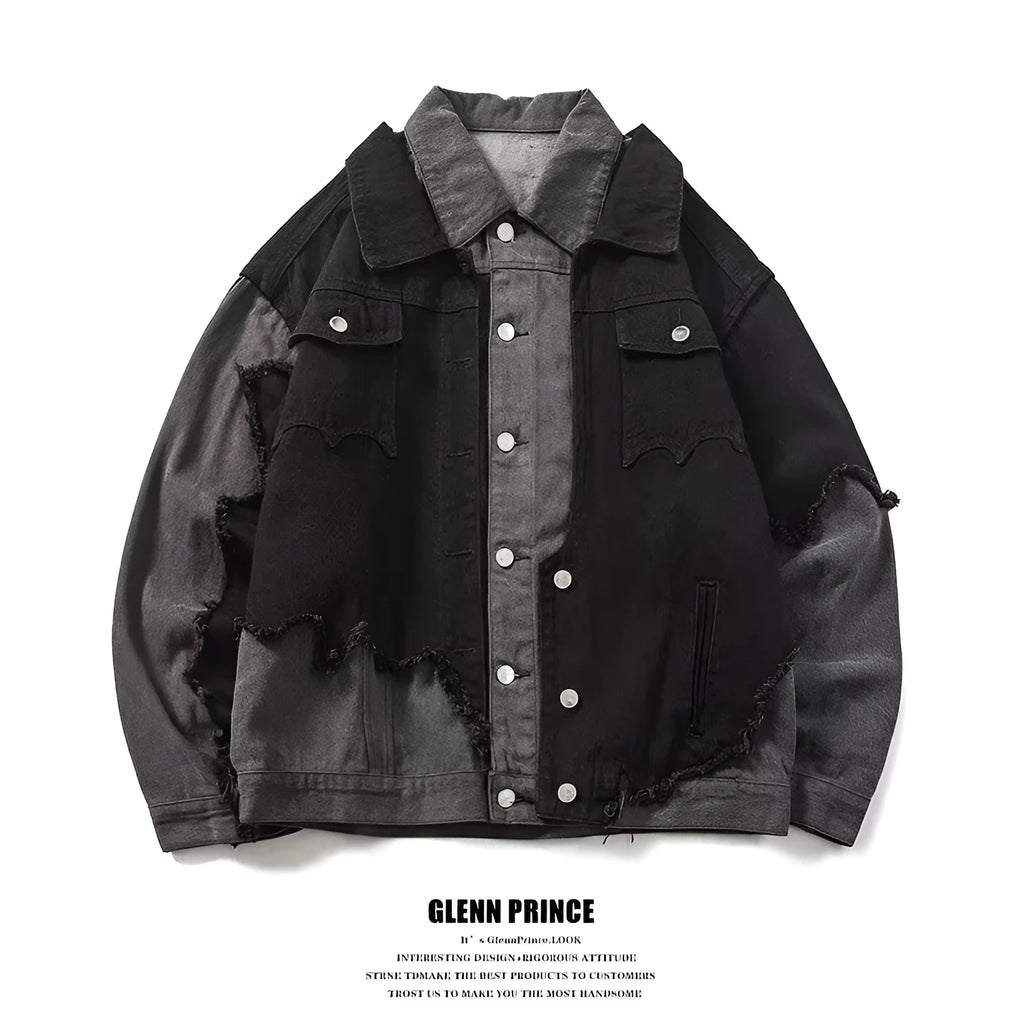 Loose fit black men's coat Harajuku Hong Kong style with straight hem and cotton blend fabric