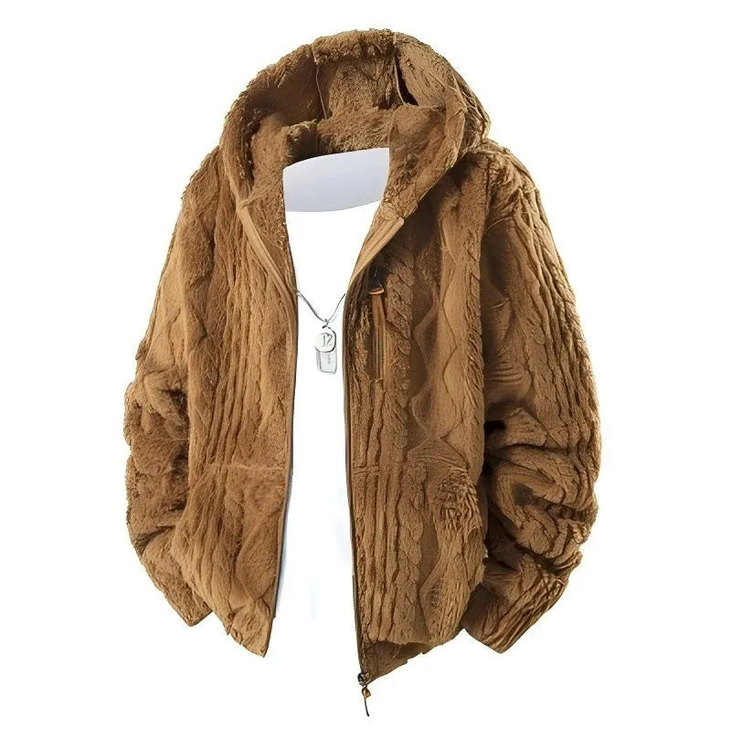 Fleece padded men's warm jacket in khaki with topstitching slit pocket, solid colour casual style