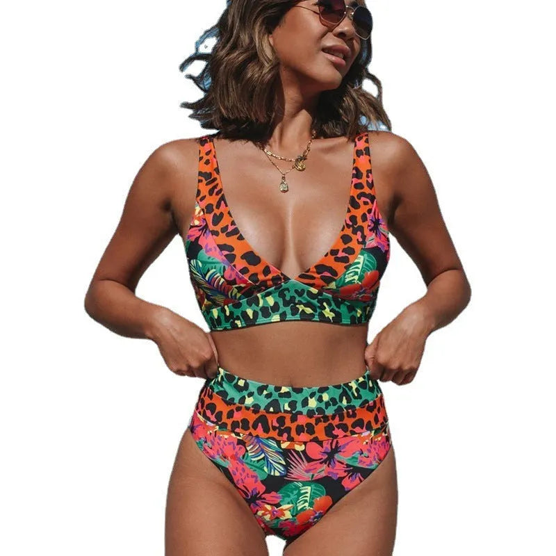 Women's floral print high waist bikini swimsuit set on a neutral background.