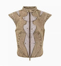 Men's picture colour cotton denim vest with pleated design in Korean style, laid flat.