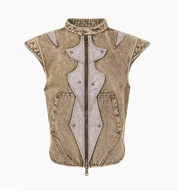 Men's picture colour cotton denim vest with pleated design in Korean style, laid flat.