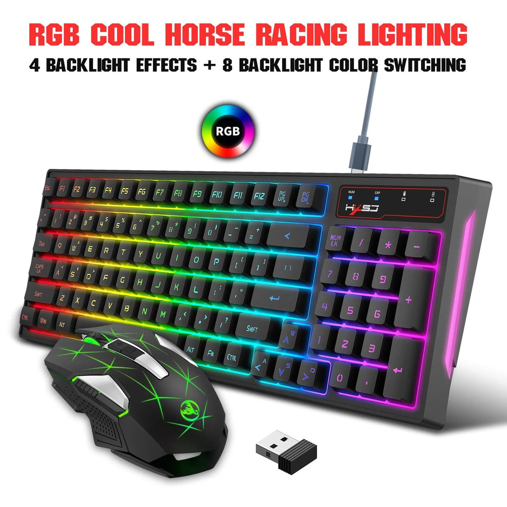L99 wireless rechargeable 2.4G keyboard and mouse set with RGB lighting, 96 keys, and Type-C charging cable