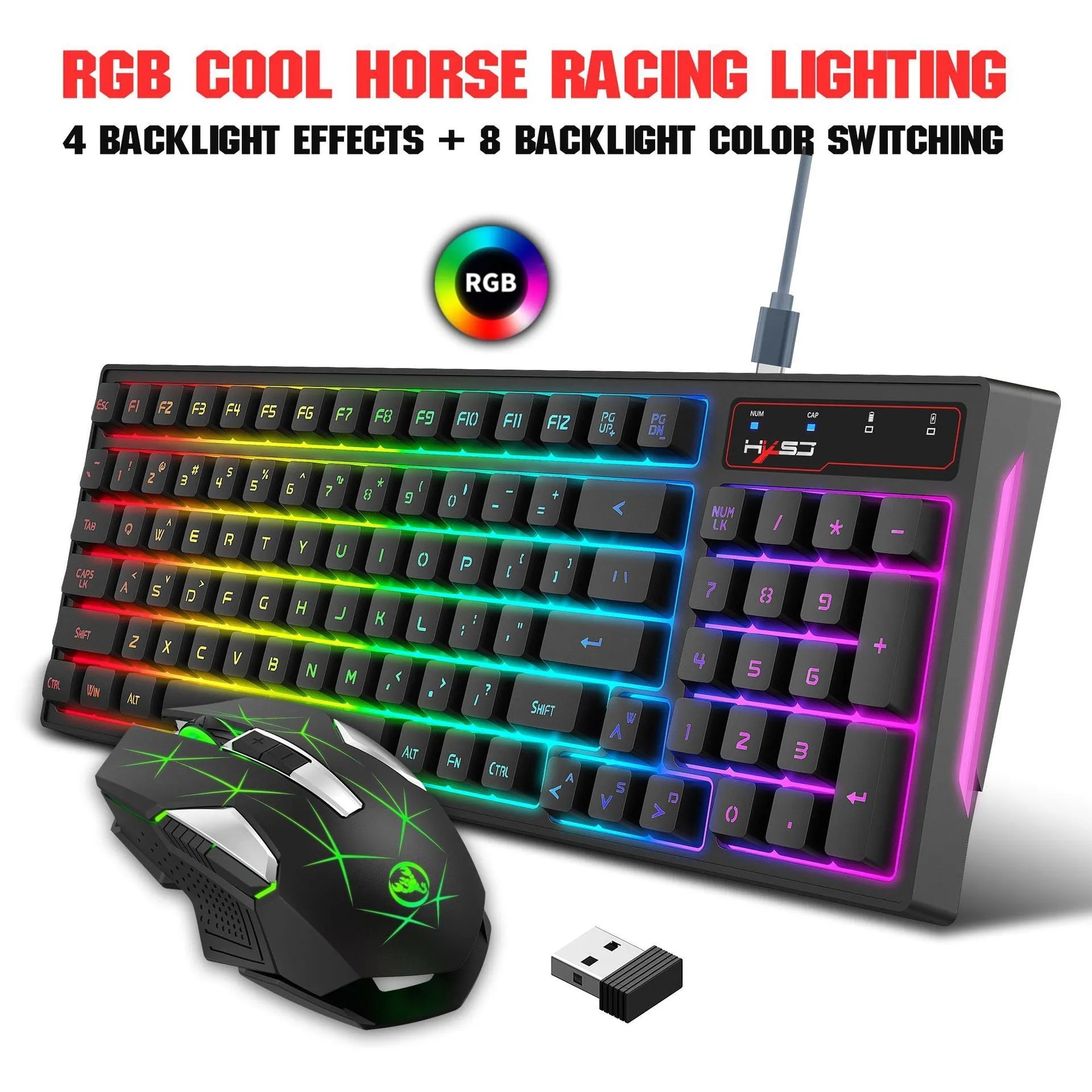 L99 wireless rechargeable 2.4G keyboard and mouse set with RGB lighting, 96 keys, and Type-C charging cable