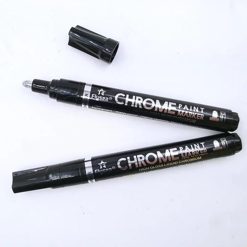 Flysea reflective chrome pen with metal tip for writing on glass, ceramic, and plastic surfaces.