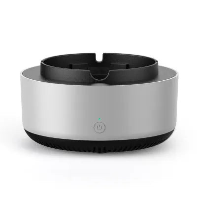 Grey electronic air purifier ashtray with cigarette butt grooves and air filtration system