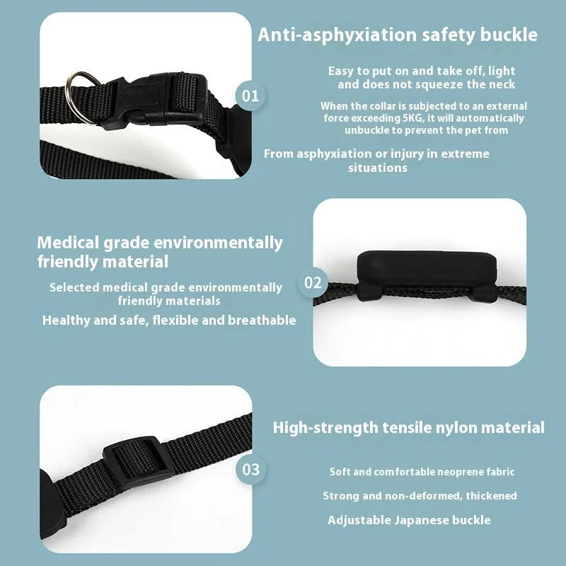 Adjustable pet positioning collar with Bluetooth tracker in black, blue, or pink colours for cats and puppies