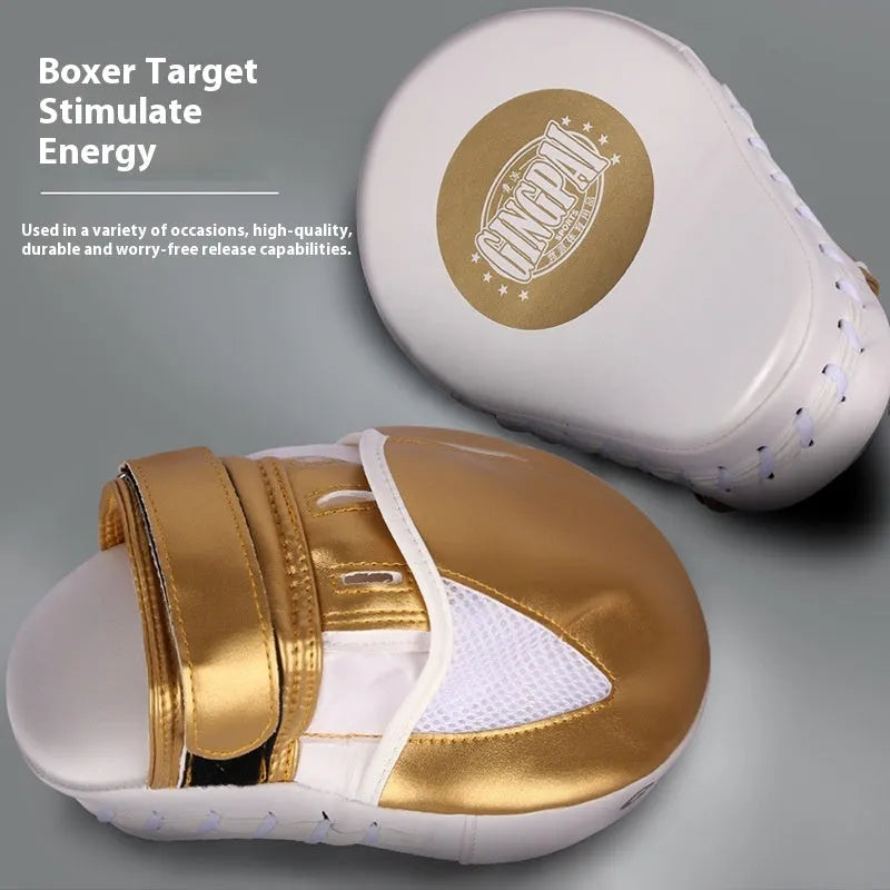 A vertical gold-coloured PU leather boxing sanda baffle target for home training.
