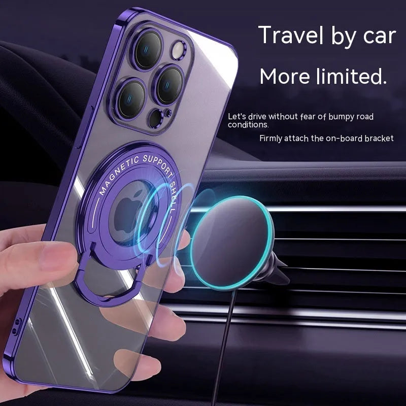 Transparent magnetic iPhone case with invisible pull-out stand, shown in dark purple colour.