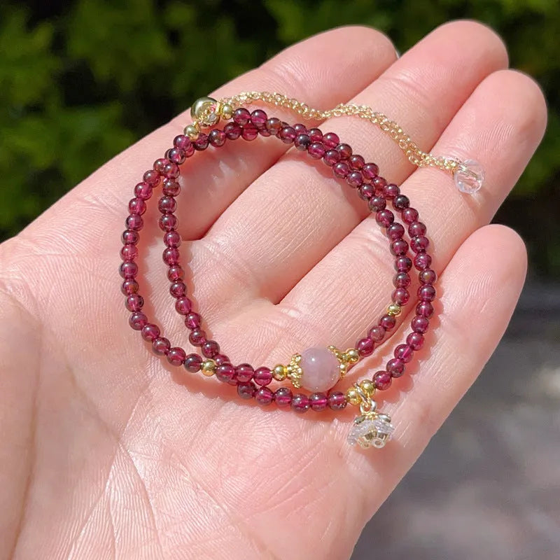 Handmade natural garnet double ring bracelet for women in deep red H311 colour