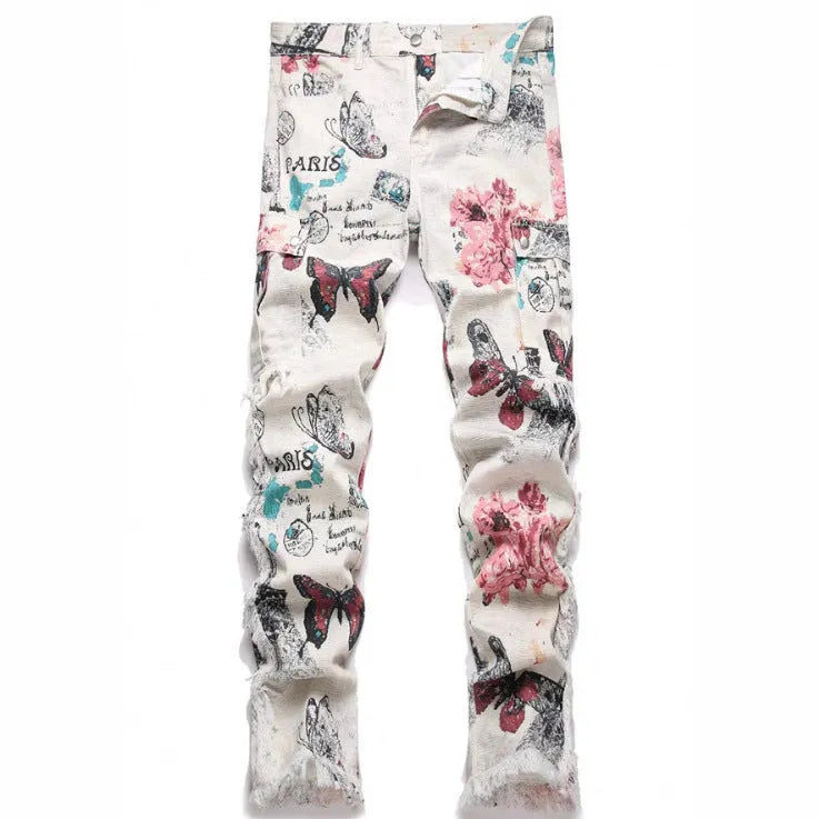 Men's slim fit animal digital printed denim trousers in cotton, mid waist, zip fly, blue tone
