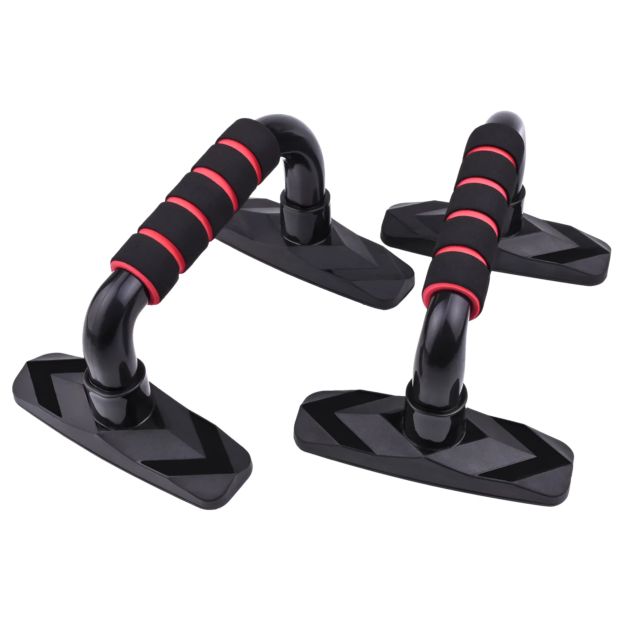 Pair of I-shaped black push up bars with grey PP sponge foam grips on a floor.