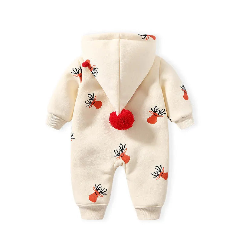 Khaki baby crawling suit with Christmas moose pattern showing padded one-piece construction
