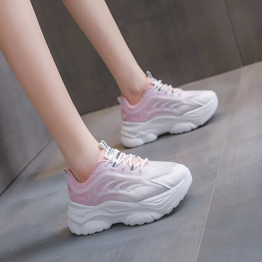 Women's satin casual sports shoes with round toe and lace-up front in pink, blue or purple colours
